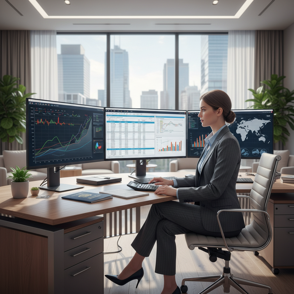 A professional-looking woman in a suit, sitting at a desk with multiple computer screens displaying complex financial data and charts, a calculator, and a passport, signifying international financial planning and tax strategy for a global businessperson. The setting is a modern, bright office.