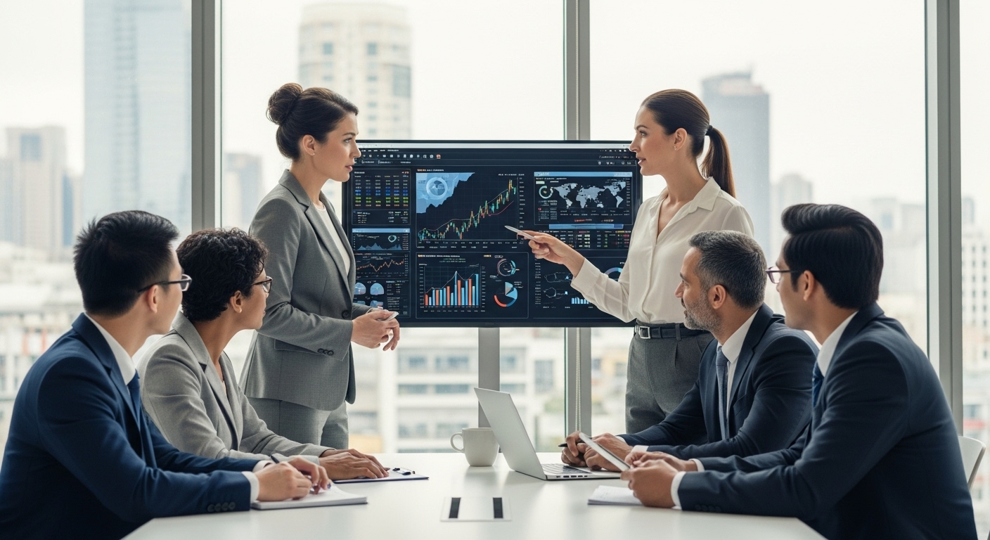 A professional, diverse group of business people collaborating with a financial advisor in a modern office setting. They are looking at charts and digital data on a screen, discussing financial strategies for an international business. The scene is brightly lit, showcasing a sense of trust and expertise.