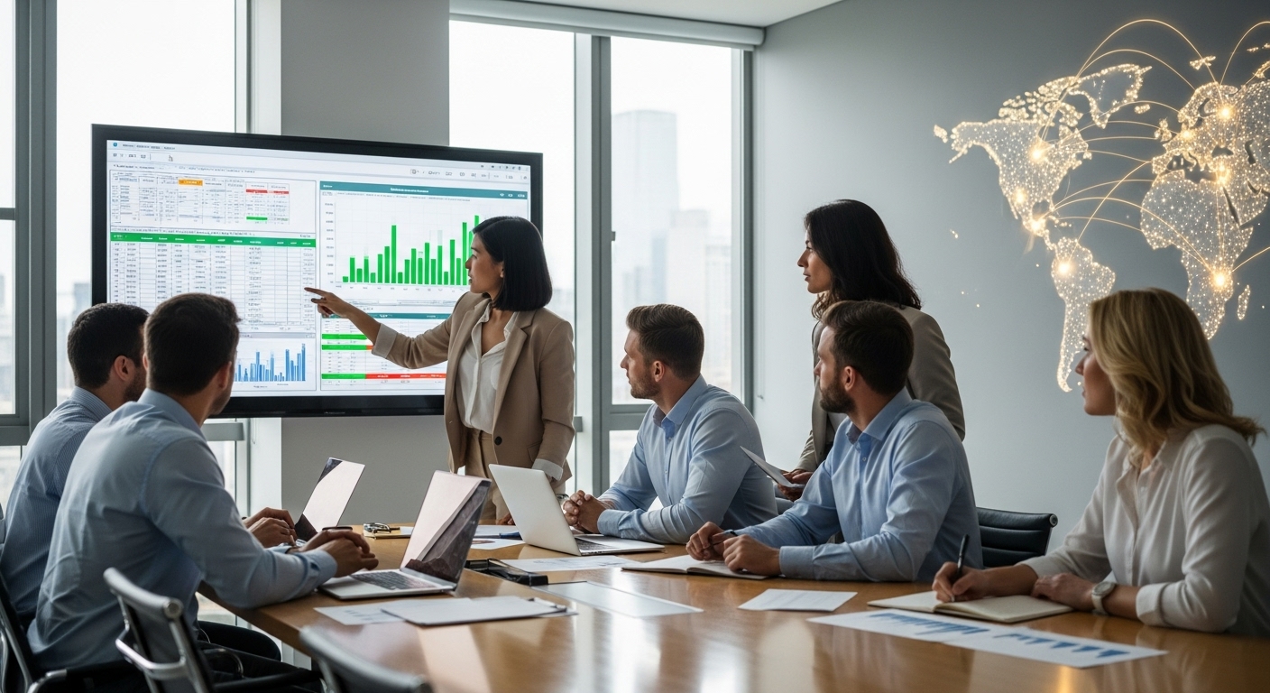 A diverse team of international business professionals in a modern, light-filled office collaborating around a table, looking at financial projections on a screen. The atmosphere is professional and focused, with global maps subtly integrated into the background, symbolising international reach and complex financial planning.