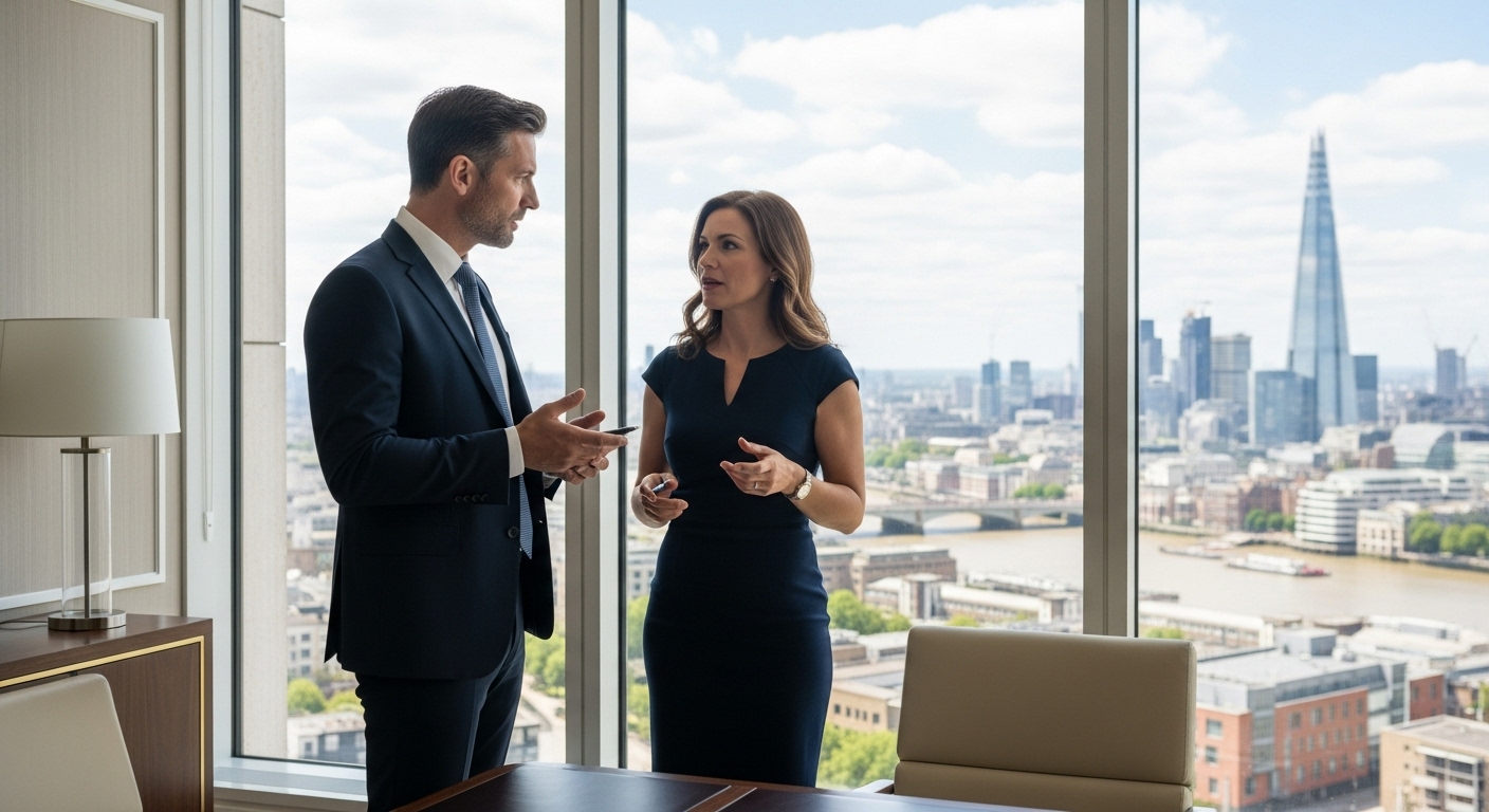 A professional, photorealistic image of two diverse business executives, one an expat, discussing strategies in a sophisticated, modern office setting in London, with a panoramic city view in the background. The lighting is bright and elegant, reflecting a luxury business environment and serious discussion.