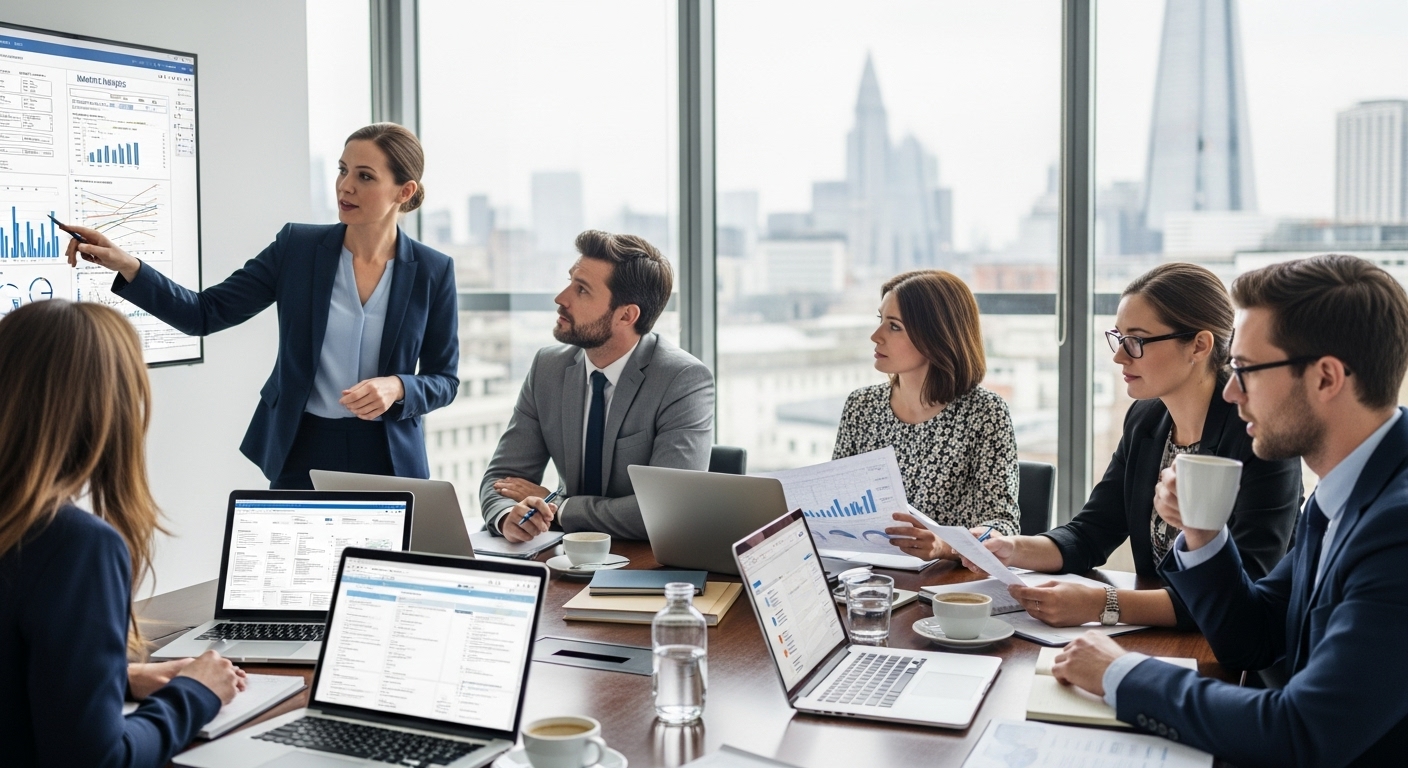 A diverse group of business professionals, including a consultant with a confident expression, reviewing financial documents and market analysis charts in a modern, light-filled UK office setting. They are sitting around a conference table with laptops and coffee. The atmosphere is collaborative and professional.