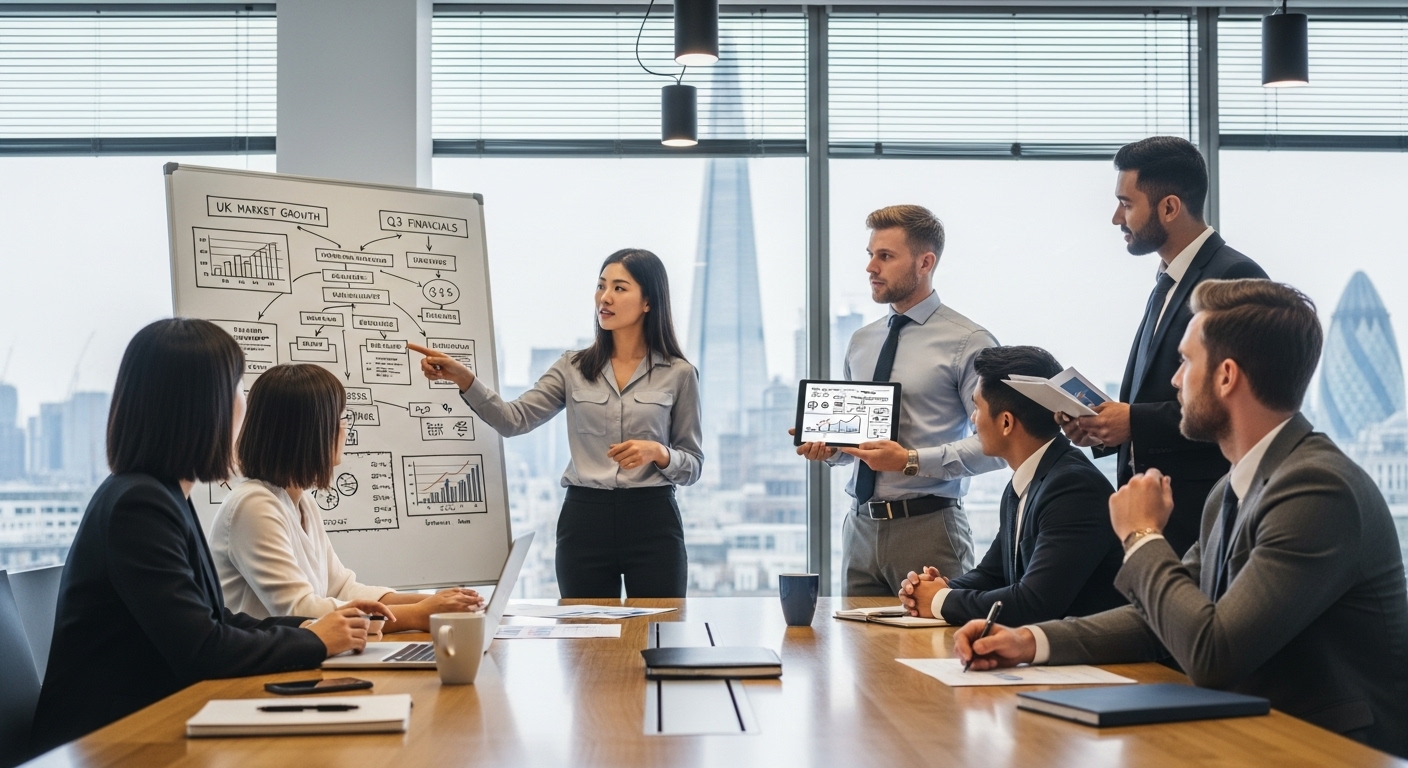 A diverse group of professional expats in a modern, collaborative office setting in London, actively discussing business strategies, with a whiteboard showing flowcharts and UK financial data in the background. The lighting is bright and professional, depicting a sense of innovation and teamwork.