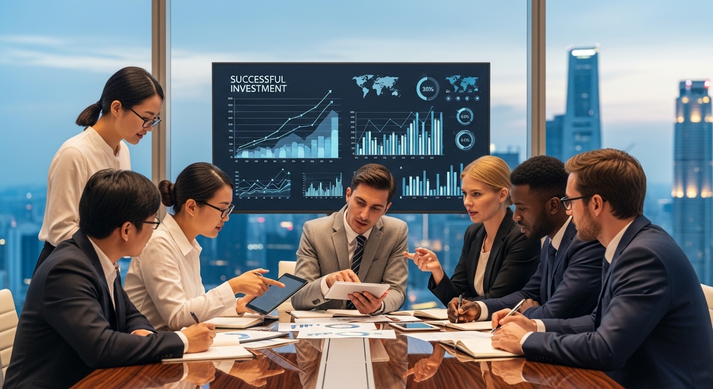 A diverse group of expat business professionals, both male and female, collaborating and strategizing around a sleek, modern conference table overlooking a vibrant international city skyline at dusk, with digital charts and graphs on a large screen in the background, conveying successful K business investment expat planning and global growth.