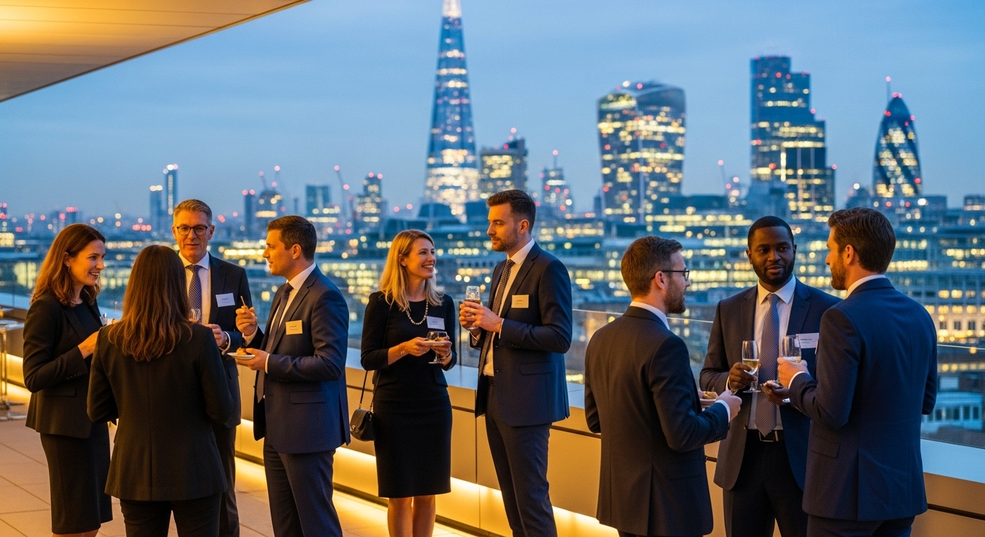 A diverse group of professional individuals, dressed in elegant business attire, networking at a sophisticated rooftop event in a modern London cityscape. The atmosphere is vibrant and collaborative, with city lights subtly blurred in the background, conveying success and global connection.